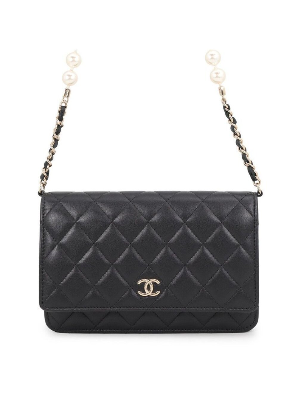 Chanel Pearl Chain Wallet Quilted CC Logo Lambskin Black Shoulder Bag